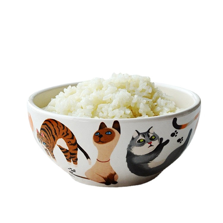 Elandir Japanese Style Ceramic Tableware Cat Household Flat Plate Deep Plate Dinner Plate Rice Bowl Noodle Bowl Soup Bowl Set