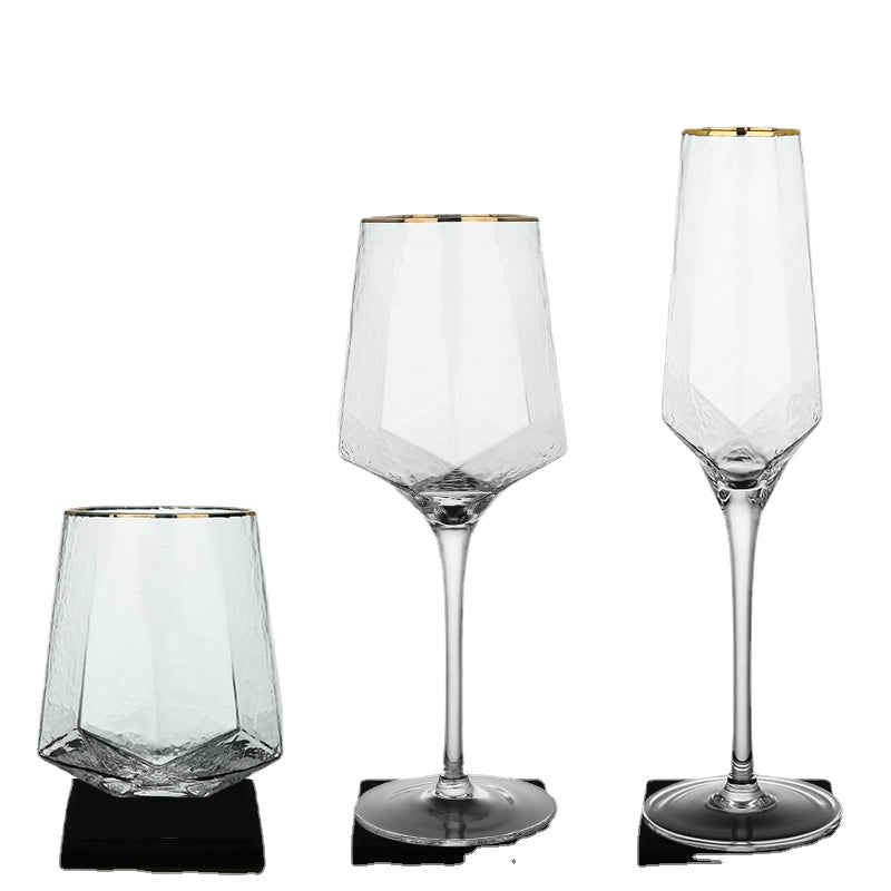 Wine Glass Hammered Golden Edge Diamond-Shaped Champagne Glass Lead-Free Glass Cup European Retro Goblet Wine Glass