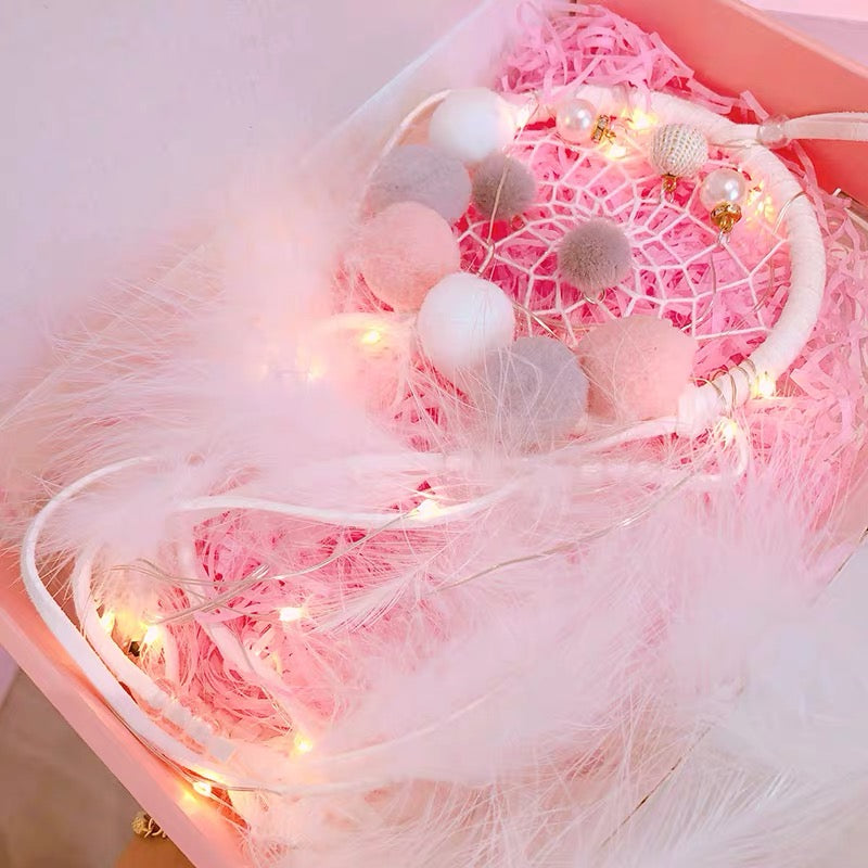 Cute hair ball with lamp dream catcher girl heart room feather hanging ornaments wind bell dream bell girl gift box