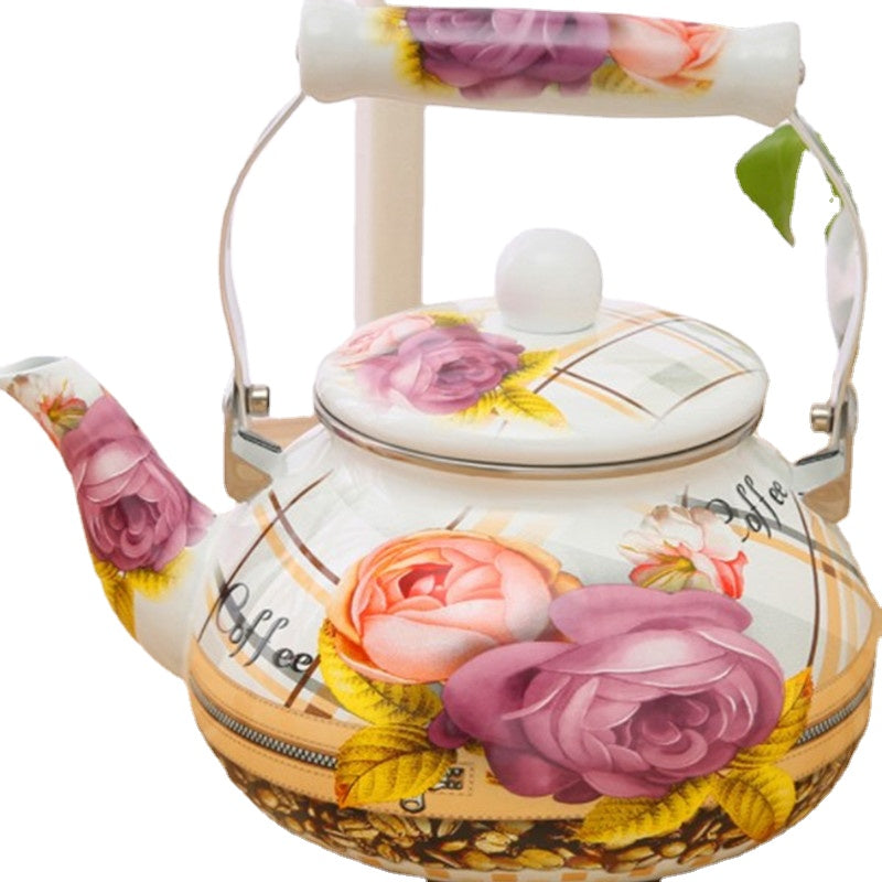 Large Capacity Thickened Enamel Large Water Bottle Milk Tea Pot Flat Pot Enamel Full Flower Induction Cooker Universal Teapot Water Pitcher