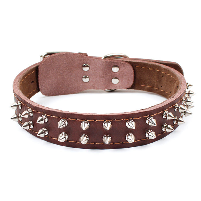 Cow leather rivet dog collar double row spike collar