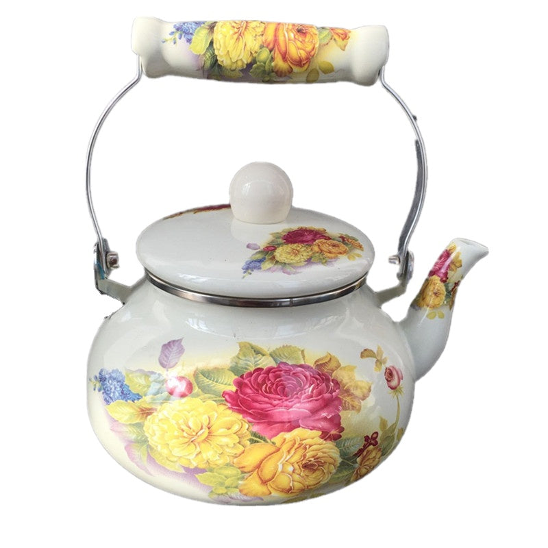 Large Capacity Thickened Enamel Large Water Bottle Milk Tea Pot Flat Pot Enamel Full Flower Induction Cooker Universal Teapot Water Pitcher