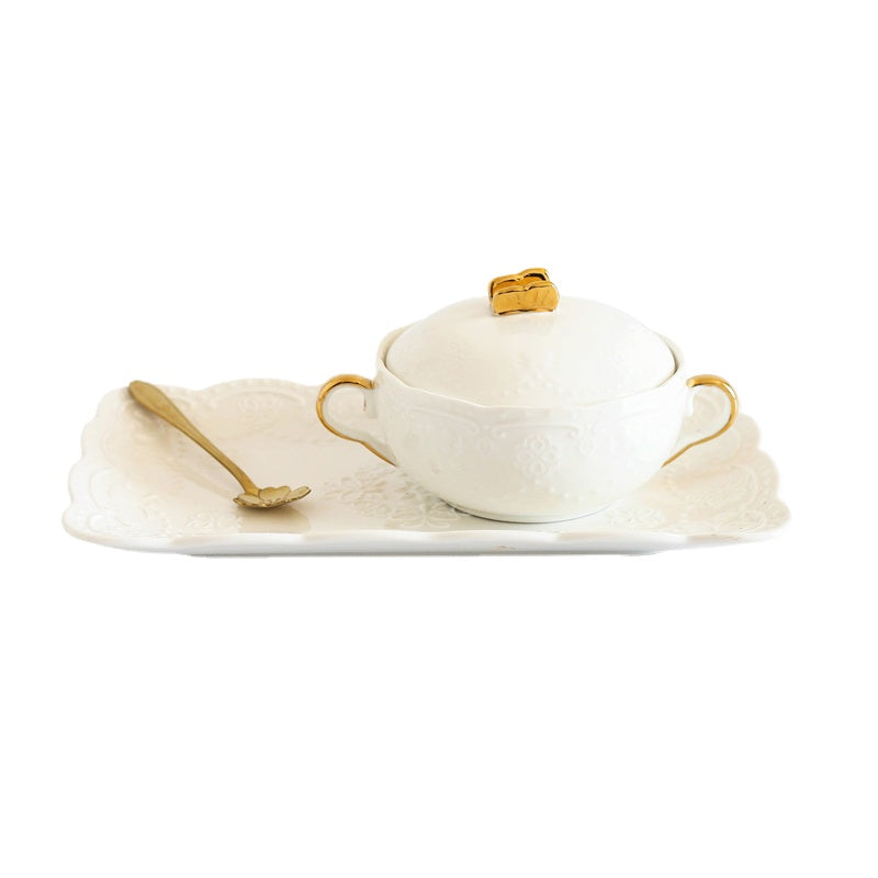 Cubilose Bowl Dessert Bowl European Court Retro Golden Edged Double-Ear Bowl Ceramic with Lid Slow Cooker Tremella, a Kind of Semi-Transparent White Fungus Bowl Soup Bowl