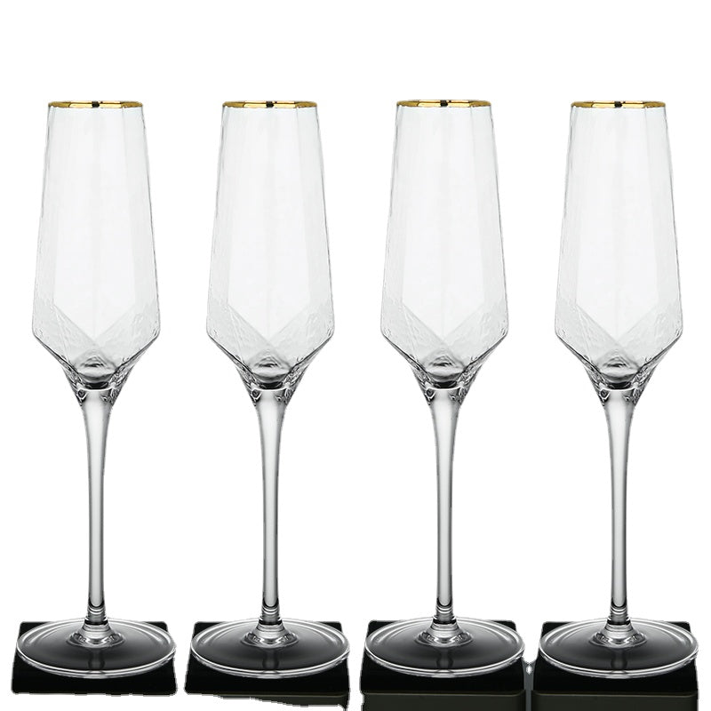 Wine Glass Hammered Golden Edge Diamond-Shaped Champagne Glass Lead-Free Glass Cup European Retro Goblet Wine Glass