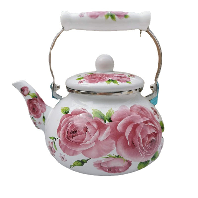 Large Capacity Thickened Enamel Large Water Bottle Milk Tea Pot Flat Pot Enamel Full Flower Induction Cooker Universal Teapot Water Pitcher