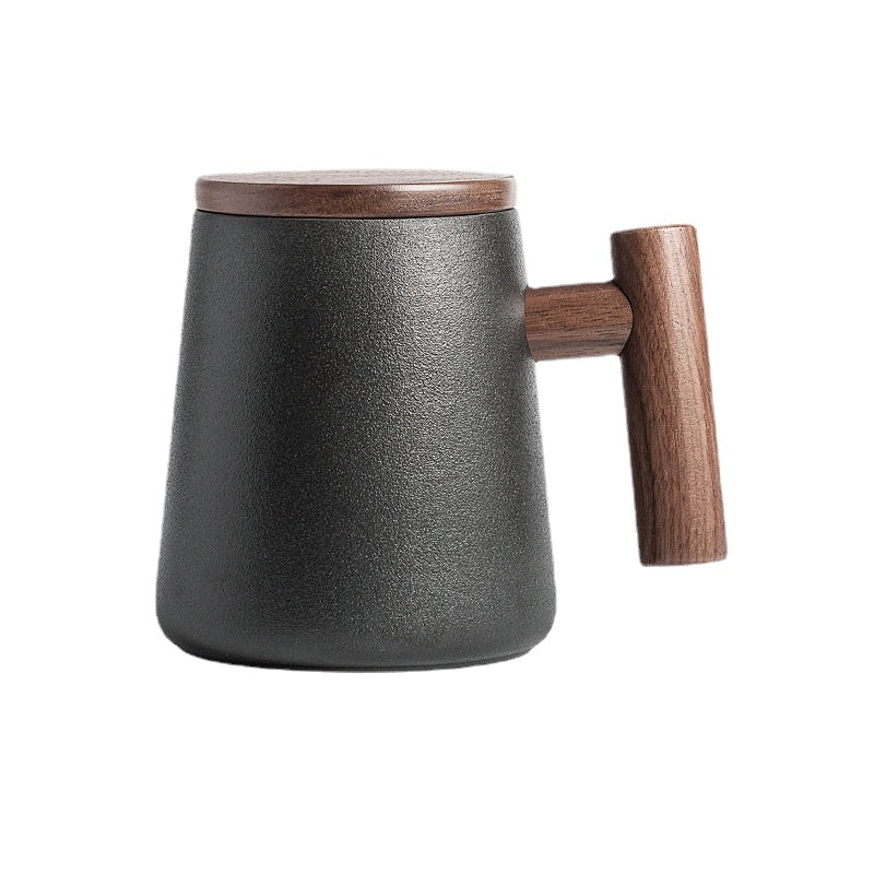 There Is Nothing to Do. Nordic Style Wooden Handle with Lid Personality Simple Frosted Ceramic Water Cup Office Coffee Tea Water Cup