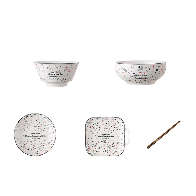 Bowl and Dish Set Household Light Luxury Combination Fish Dish Nordic Terrazzo New Salad Rice Bowl Plate Ceramic Tableware