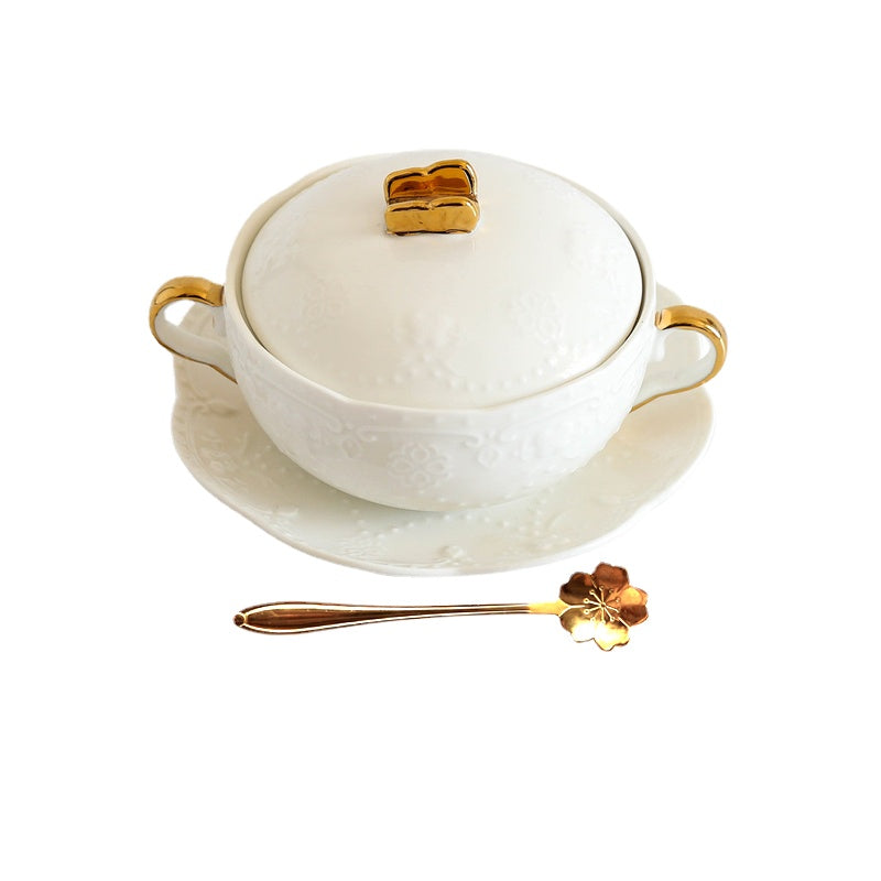 Cubilose Bowl Dessert Bowl European Court Retro Golden Edged Double-Ear Bowl Ceramic with Lid Slow Cooker Tremella, a Kind of Semi-Transparent White Fungus Bowl Soup Bowl