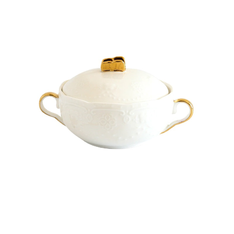 Cubilose Bowl Dessert Bowl European Court Retro Golden Edged Double-Ear Bowl Ceramic with Lid Slow Cooker Tremella, a Kind of Semi-Transparent White Fungus Bowl Soup Bowl