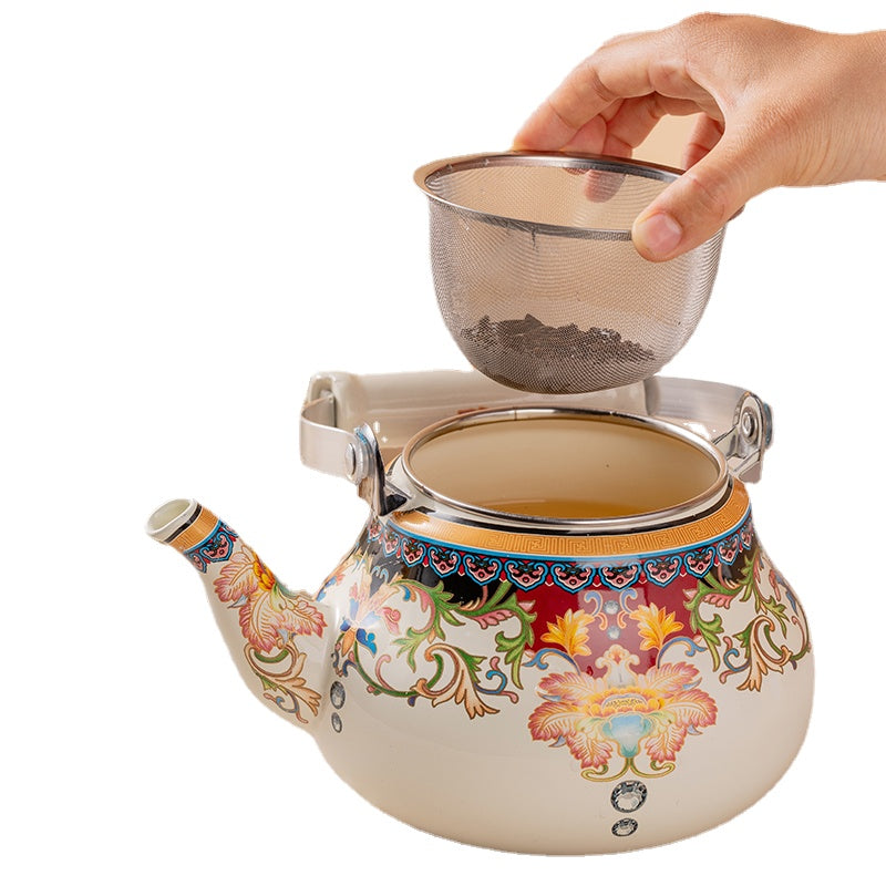 Large Capacity Thickened Enamel Large Water Bottle Milk Tea Pot Flat Pot Enamel Full Flower Induction Cooker Universal Teapot Water Pitcher