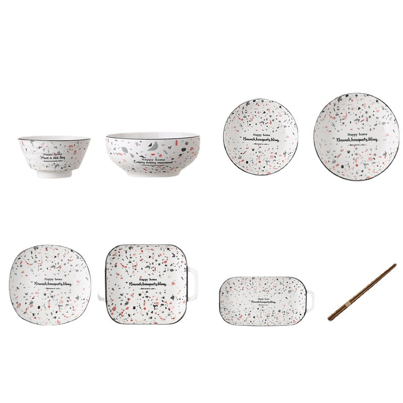 Bowl and Dish Set Household Light Luxury Combination Fish Dish Nordic Terrazzo New Salad Rice Bowl Plate Ceramic Tableware