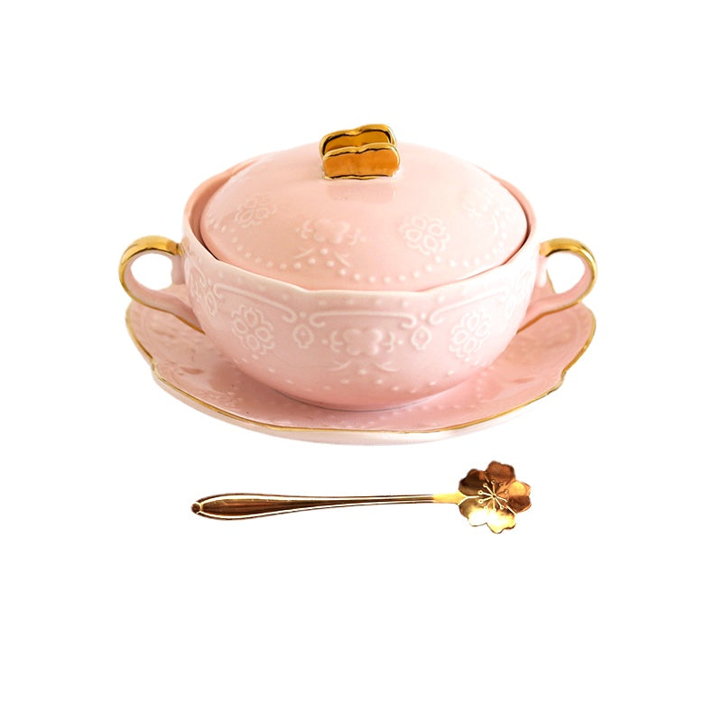 Cubilose Bowl Dessert Bowl European Court Retro Golden Edged Double-Ear Bowl Ceramic with Lid Slow Cooker Tremella, a Kind of Semi-Transparent White Fungus Bowl Soup Bowl