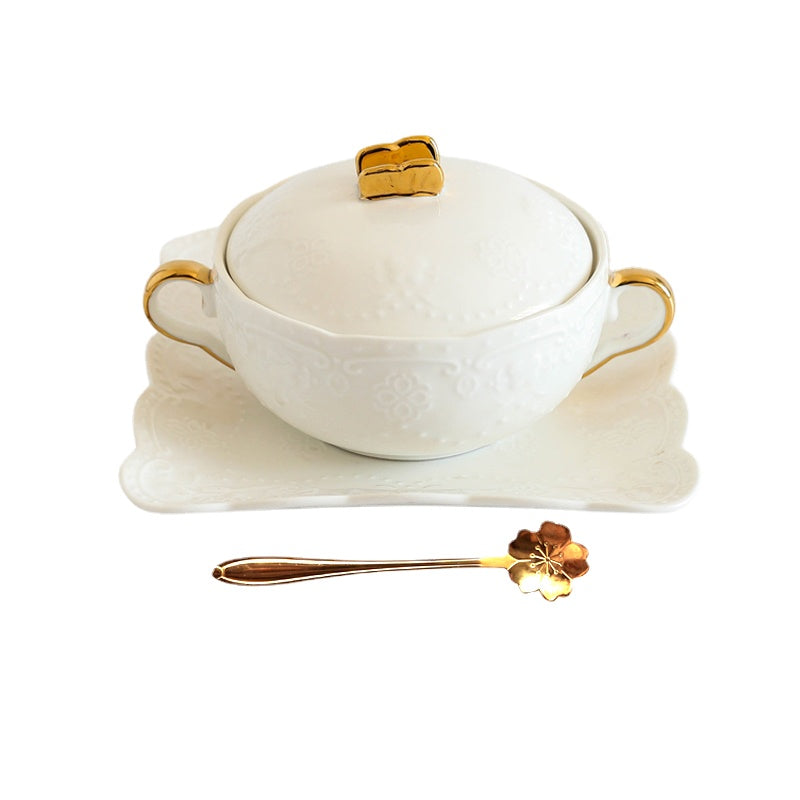 Cubilose Bowl Dessert Bowl European Court Retro Golden Edged Double-Ear Bowl Ceramic with Lid Slow Cooker Tremella, a Kind of Semi-Transparent White Fungus Bowl Soup Bowl