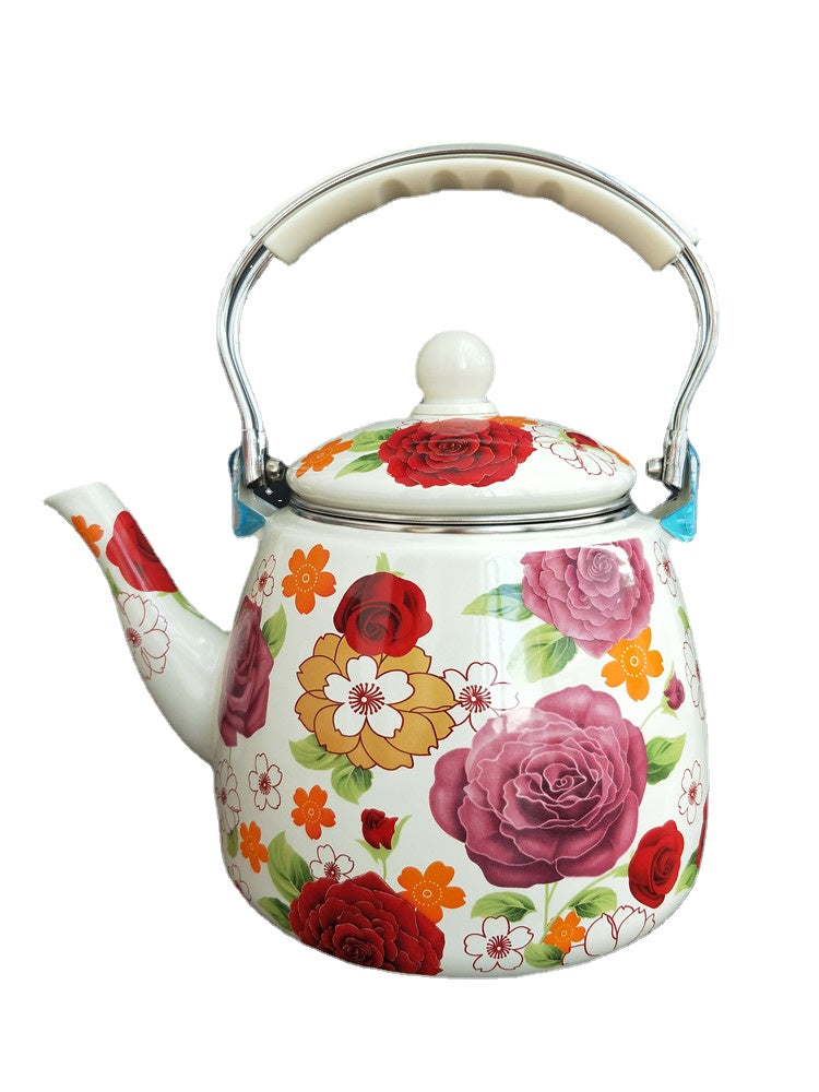 Large Capacity Thickened Enamel Large Water Bottle Milk Tea Pot Flat Pot Enamel Full Flower Induction Cooker Universal Teapot Water Pitcher