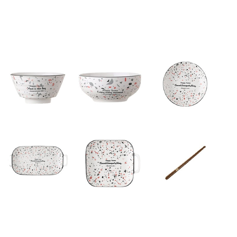 Bowl and Dish Set Household Light Luxury Combination Fish Dish Nordic Terrazzo New Salad Rice Bowl Plate Ceramic Tableware