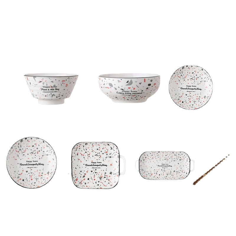 Bowl and Dish Set Household Light Luxury Combination Fish Dish Nordic Terrazzo New Salad Rice Bowl Plate Ceramic Tableware