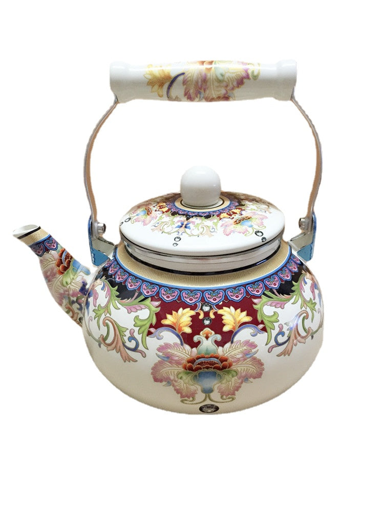 Large Capacity Thickened Enamel Large Water Bottle Milk Tea Pot Flat Pot Enamel Full Flower Induction Cooker Universal Teapot Water Pitcher