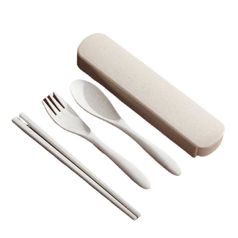 Japanese Wheat Straw Chopsticks Spoon Set Portable Travel Cutlery Box Cute Student Chopsticks Spoon Fork Four-Piece Set