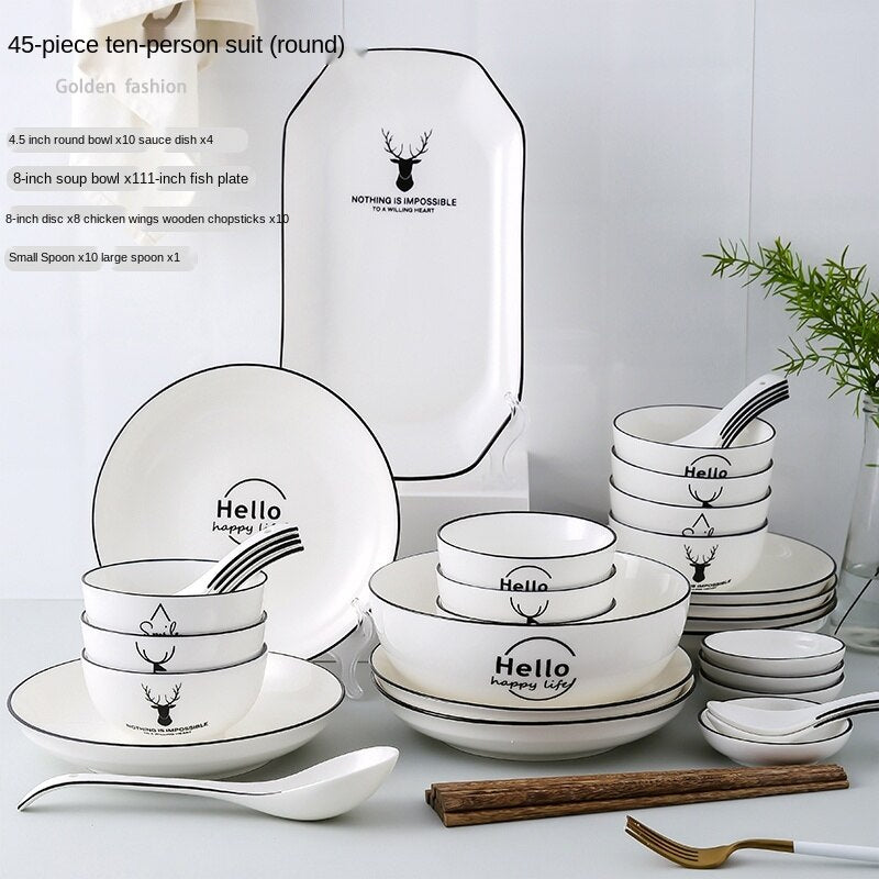 Bowl and Dish Set Household Bowl Chopsticks Minimalist Creative Rice Bowl Japanese Style Tableware Ceramic Bone China Internet Celebrity Combination Plate Nordic