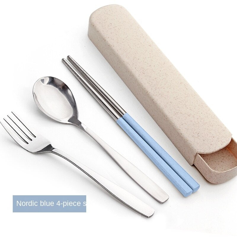 Single Cute Stainless Steel Portable Tableware Set Chopsticks Portable Three-Piece Fork Spoon Chopsticks Box Student