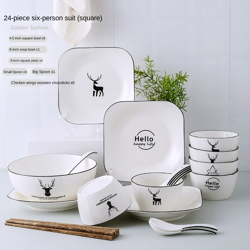 Bowl and Dish Set Household Bowl Chopsticks Minimalist Creative Rice Bowl Japanese Style Tableware Ceramic Bone China Internet Celebrity Combination Plate Nordic