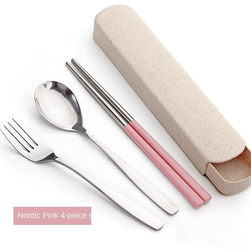 Single Cute Stainless Steel Portable Tableware Set Chopsticks Portable Three-Piece Fork Spoon Chopsticks Box Student