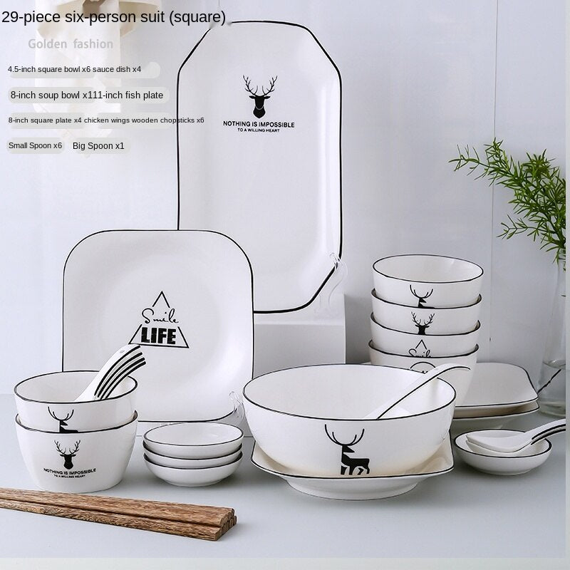 Bowl and Dish Set Household Bowl Chopsticks Minimalist Creative Rice Bowl Japanese Style Tableware Ceramic Bone China Internet Celebrity Combination Plate Nordic