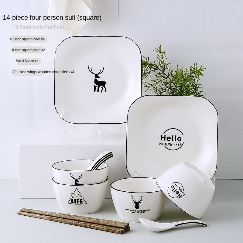 Bowl and Dish Set Household Bowl Chopsticks Minimalist Creative Rice Bowl Japanese Style Tableware Ceramic Bone China Internet Celebrity Combination Plate Nordic