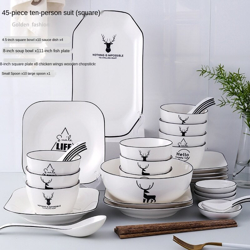 Bowl and Dish Set Household Bowl Chopsticks Minimalist Creative Rice Bowl Japanese Style Tableware Ceramic Bone China Internet Celebrity Combination Plate Nordic