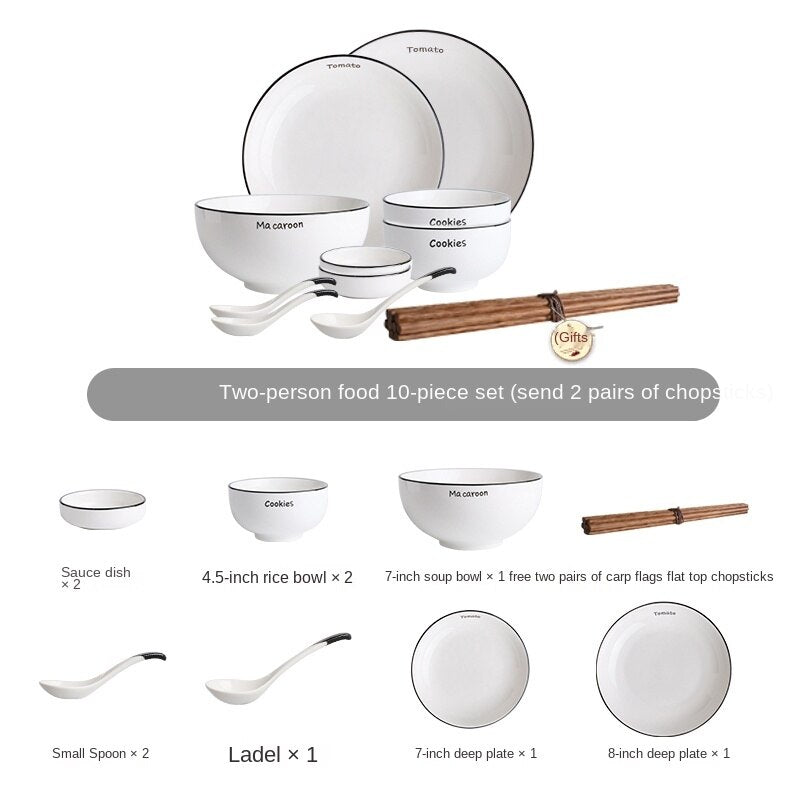 Wheatlife House Household Ceramic Bowl Nordic Tableware Bowls and Dishes Set of Dishes and Bowls Creative Personalized Bowls and Chopsticks Set Household Combination