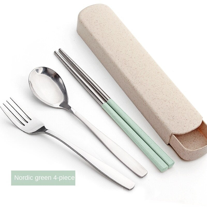 Single Cute Stainless Steel Portable Tableware Set Chopsticks Portable Three-Piece Fork Spoon Chopsticks Box Student