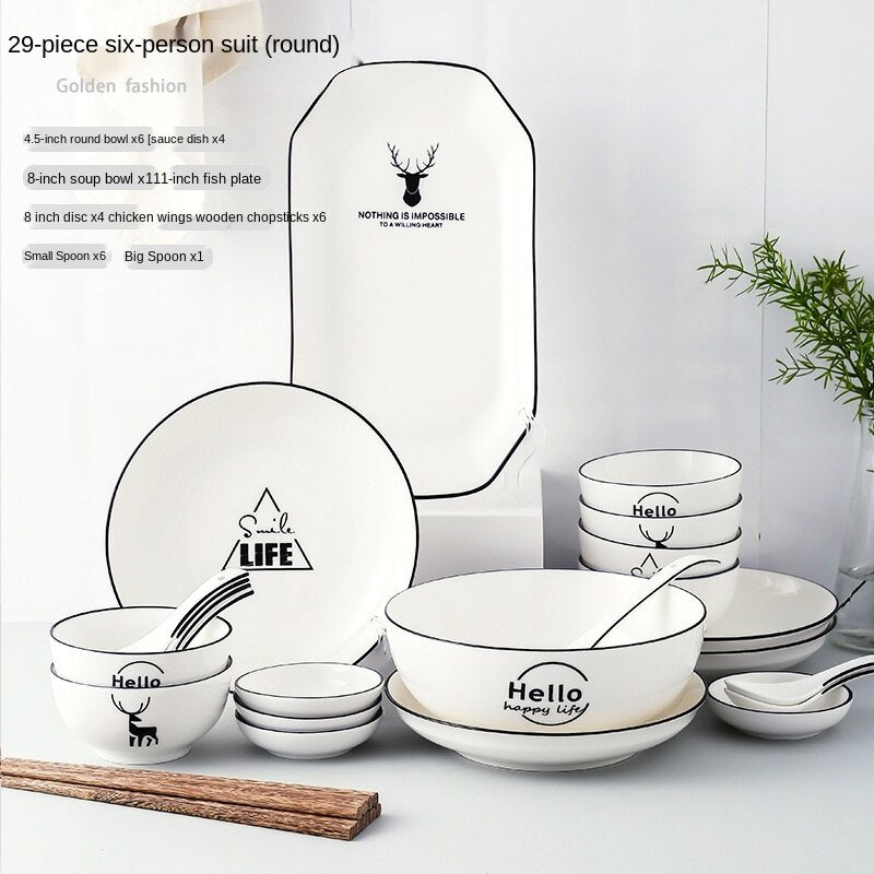 Bowl and Dish Set Household Bowl Chopsticks Minimalist Creative Rice Bowl Japanese Style Tableware Ceramic Bone China Internet Celebrity Combination Plate Nordic