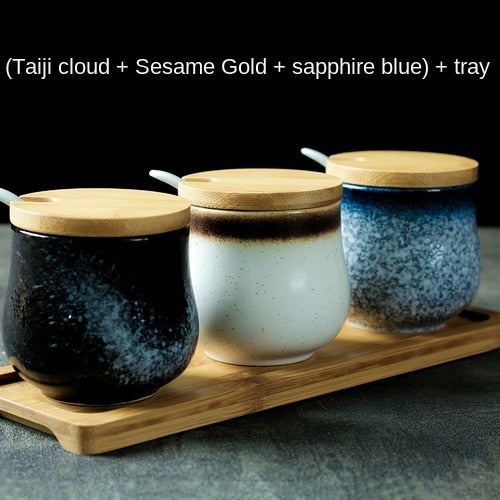 Japanese-Style Seasoning Jar Ceramic Set Restaurant Seasoning Containers with Lid Commercial Salt Tank Chili Oil Can Household Kitchen