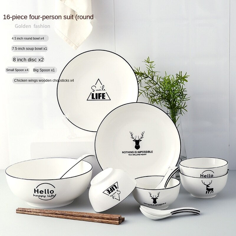 Bowl and Dish Set Household Bowl Chopsticks Minimalist Creative Rice Bowl Japanese Style Tableware Ceramic Bone China Internet Celebrity Combination Plate Nordic