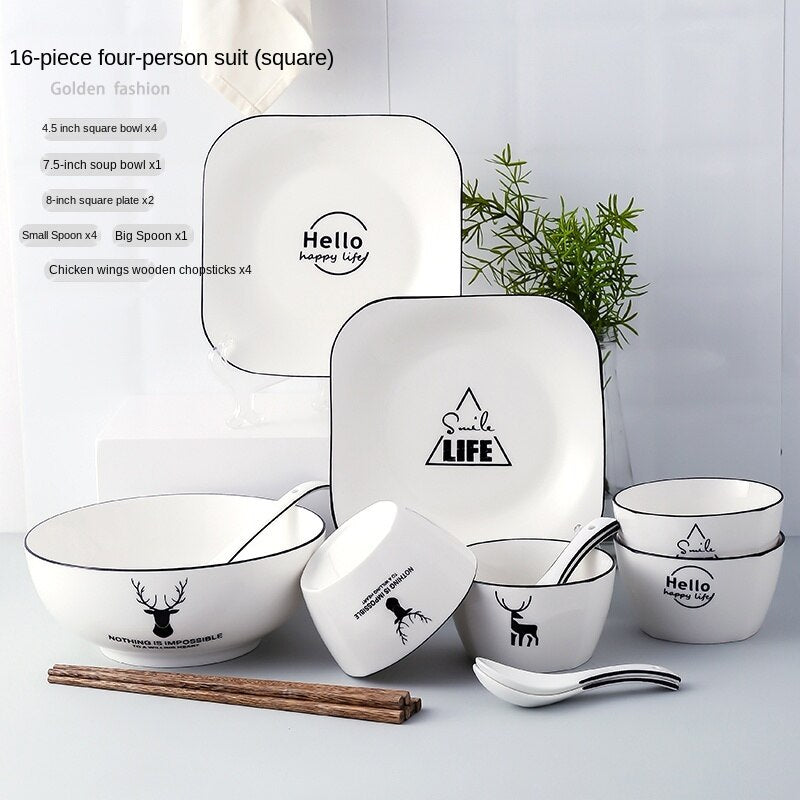 Bowl and Dish Set Household Bowl Chopsticks Minimalist Creative Rice Bowl Japanese Style Tableware Ceramic Bone China Internet Celebrity Combination Plate Nordic