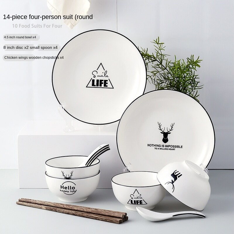 Bowl and Dish Set Household Bowl Chopsticks Minimalist Creative Rice Bowl Japanese Style Tableware Ceramic Bone China Internet Celebrity Combination Plate Nordic