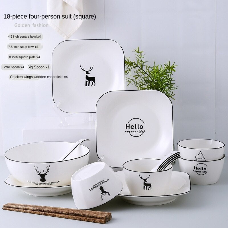 Bowl and Dish Set Household Bowl Chopsticks Minimalist Creative Rice Bowl Japanese Style Tableware Ceramic Bone China Internet Celebrity Combination Plate Nordic