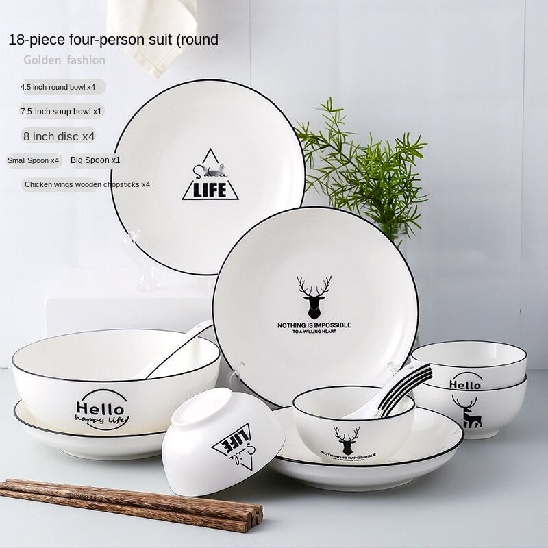 Bowl and Dish Set Household Bowl Chopsticks Minimalist Creative Rice Bowl Japanese Style Tableware Ceramic Bone China Internet Celebrity Combination Plate Nordic