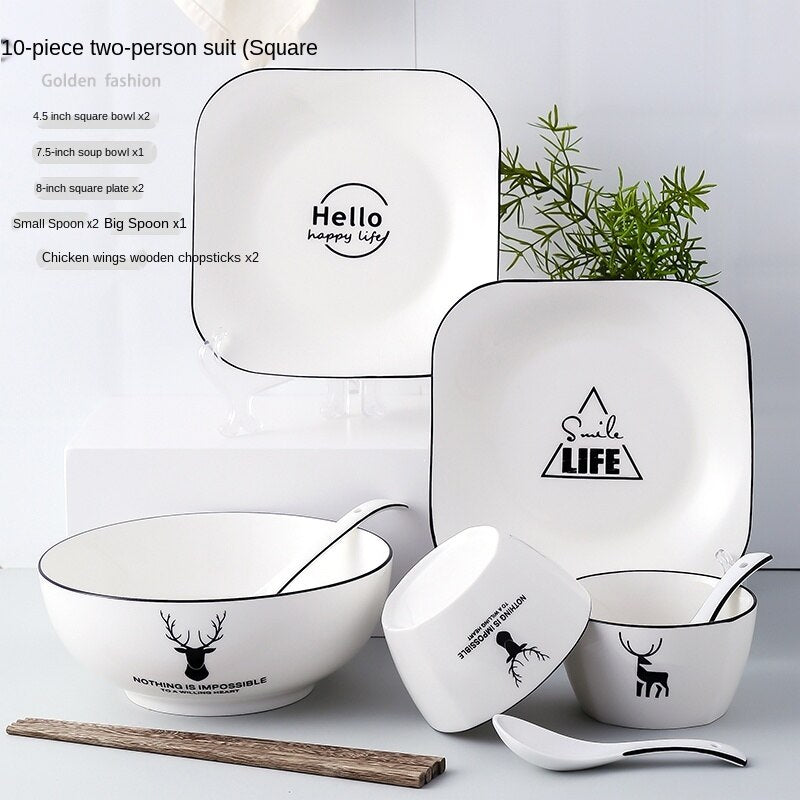 Bowl and Dish Set Household Bowl Chopsticks Minimalist Creative Rice Bowl Japanese Style Tableware Ceramic Bone China Internet Celebrity Combination Plate Nordic