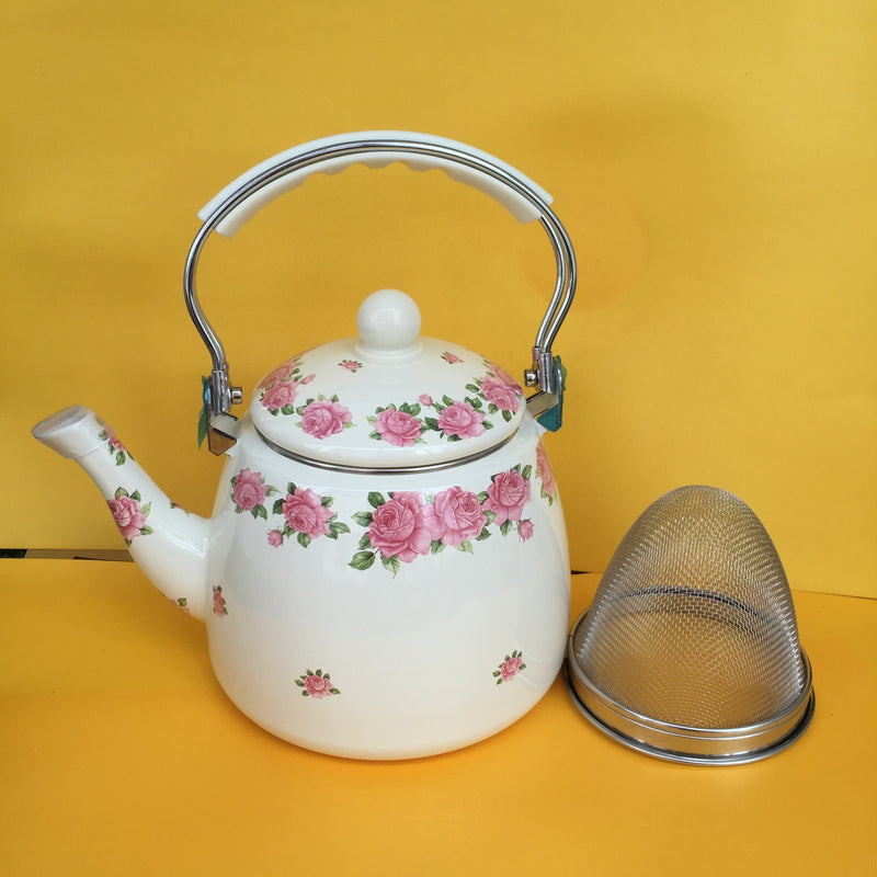 Large Capacity Thickened Enamel Large Water Bottle Milk Tea Pot Flat Pot Enamel Full Flower Induction Cooker Universal Teapot Water Pitcher