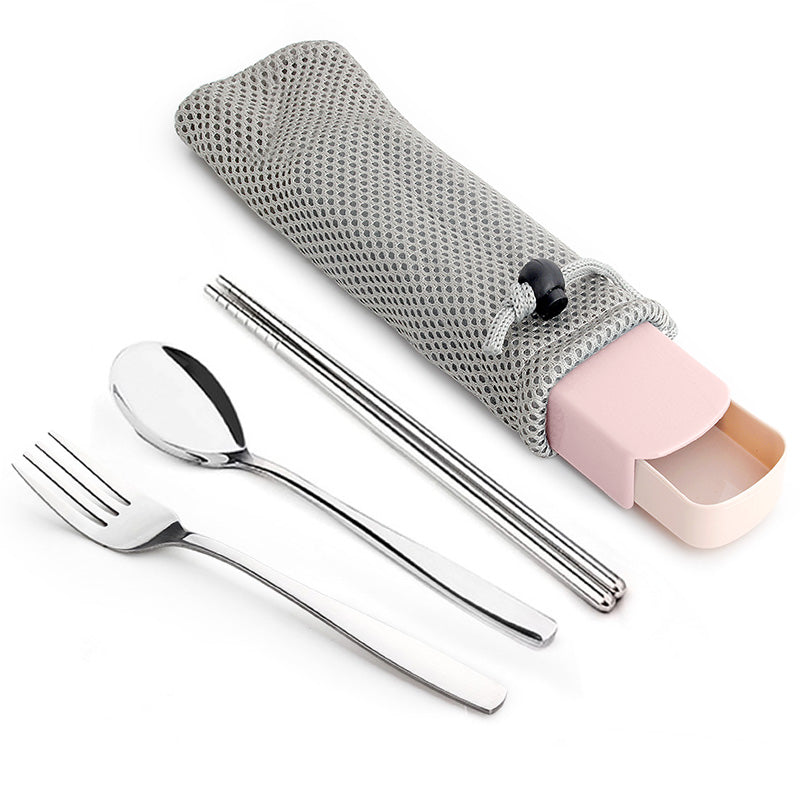 Single Cute Stainless Steel Portable Tableware Set Chopsticks Portable Three-Piece Fork Spoon Chopsticks Box Student