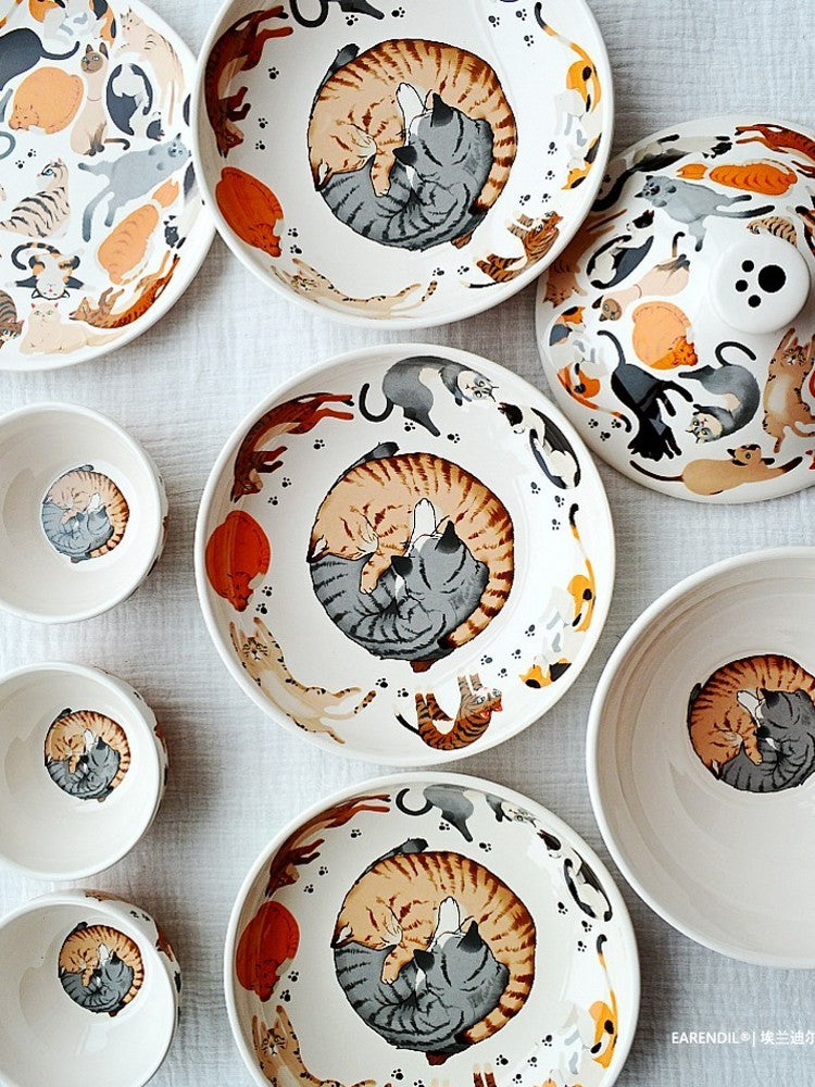 Elandir Japanese Style Ceramic Tableware Cat Household Flat Plate Deep Plate Dinner Plate Rice Bowl Noodle Bowl Soup Bowl Set