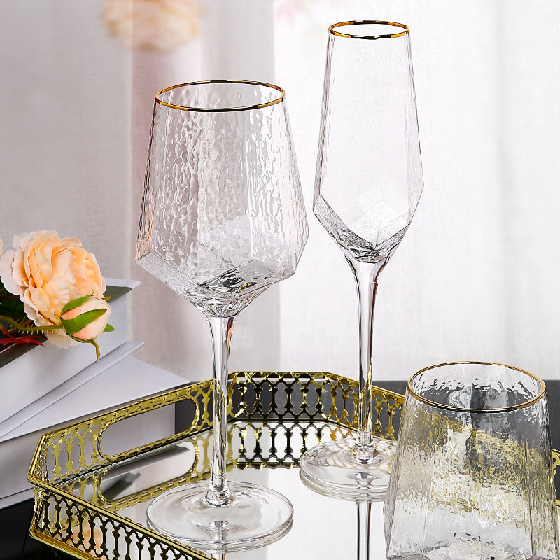 Wine Glass Hammered Golden Edge Diamond-Shaped Champagne Glass Lead-Free Glass Cup European Retro Goblet Wine Glass