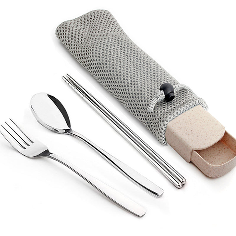 Single Cute Stainless Steel Portable Tableware Set Chopsticks Portable Three-Piece Fork Spoon Chopsticks Box Student