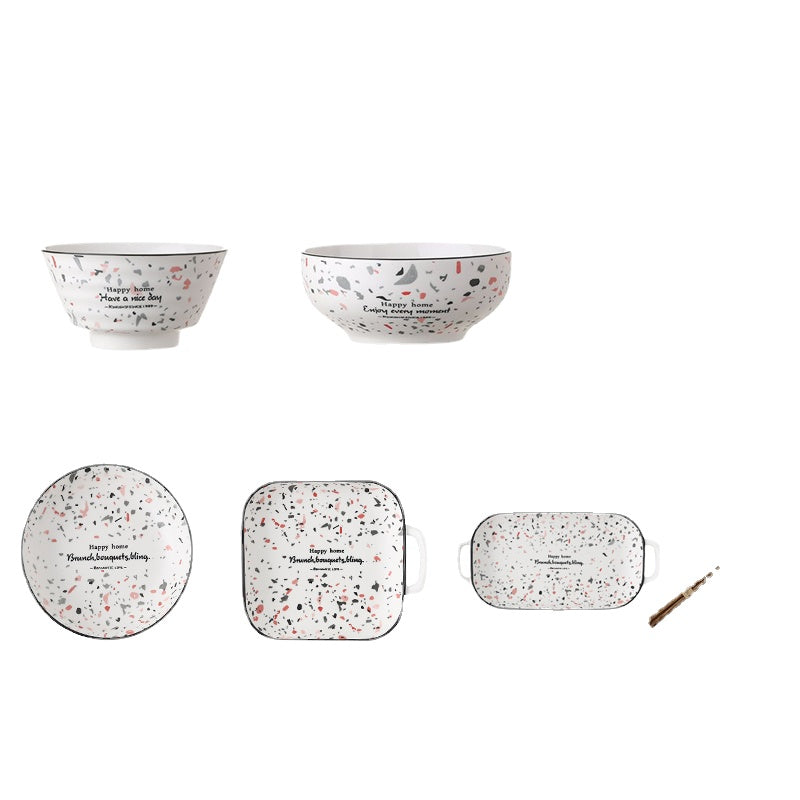 Bowl and Dish Set Household Light Luxury Combination Fish Dish Nordic Terrazzo New Salad Rice Bowl Plate Ceramic Tableware