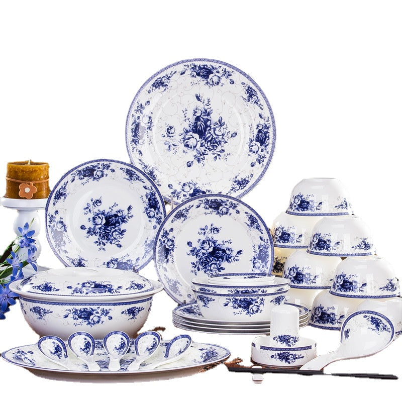 Jingdezhen Ceramic Tableware 56 Head Rice Bowl Tableware Set Blue and White Rose Bowl Dish & Plate Ceramic Tableware Gift Wholesale