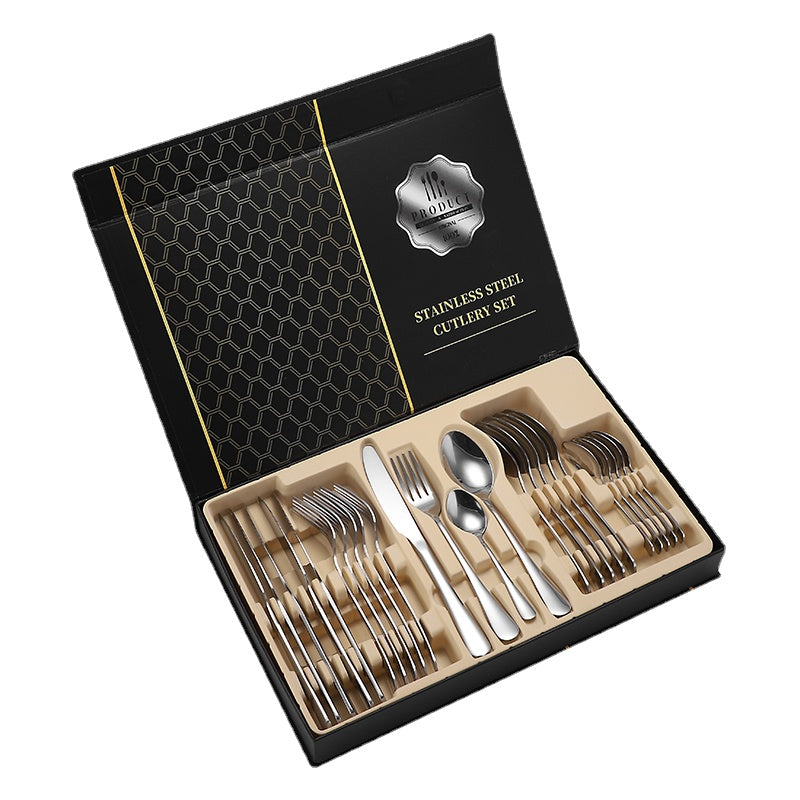 Customized European-Style Stainless Steel Western Food Tableware Set Ins Steak Knife, Fork and Spoon Spoon Export Full Set Gift Box 24-Piece Set