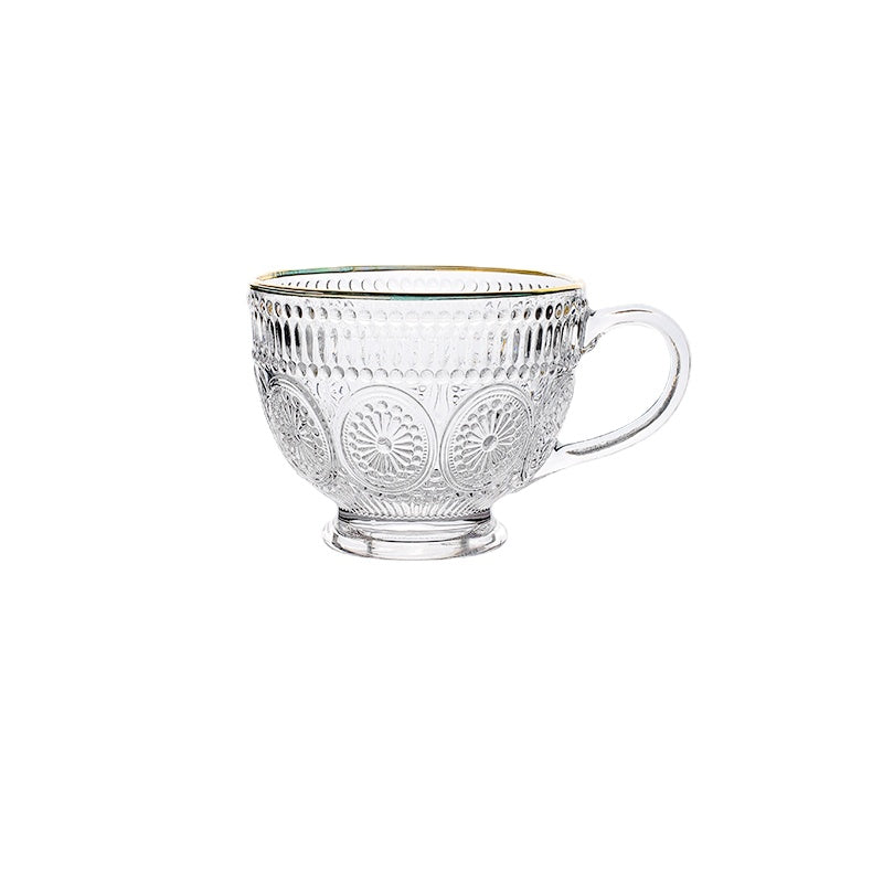 Wheatlife House Relief Golden Trim Glass Water Cup with Handle Household Transparent Breakfast Cup Milk Cup Oatmeal Cup