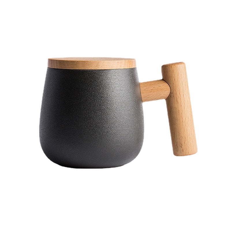 There Is Nothing to Do. Nordic Style Wooden Handle with Lid Personality Simple Frosted Ceramic Water Cup Office Coffee Tea Water Cup