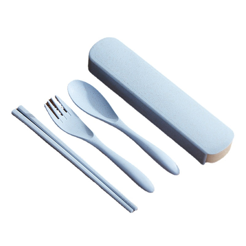 Japanese Wheat Straw Chopsticks Spoon Set Portable Travel Cutlery Box Cute Student Chopsticks Spoon Fork Four-Piece Set